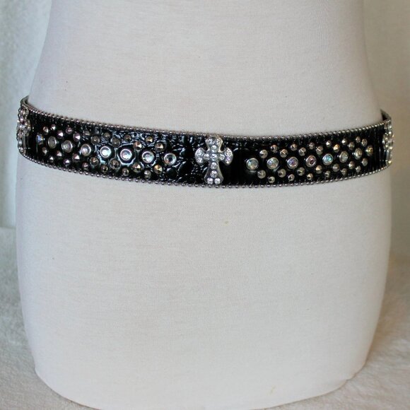 Western Black Bling Cross Belt & Buckle Clear Crystal Accent Genuine Leather SM main image 8